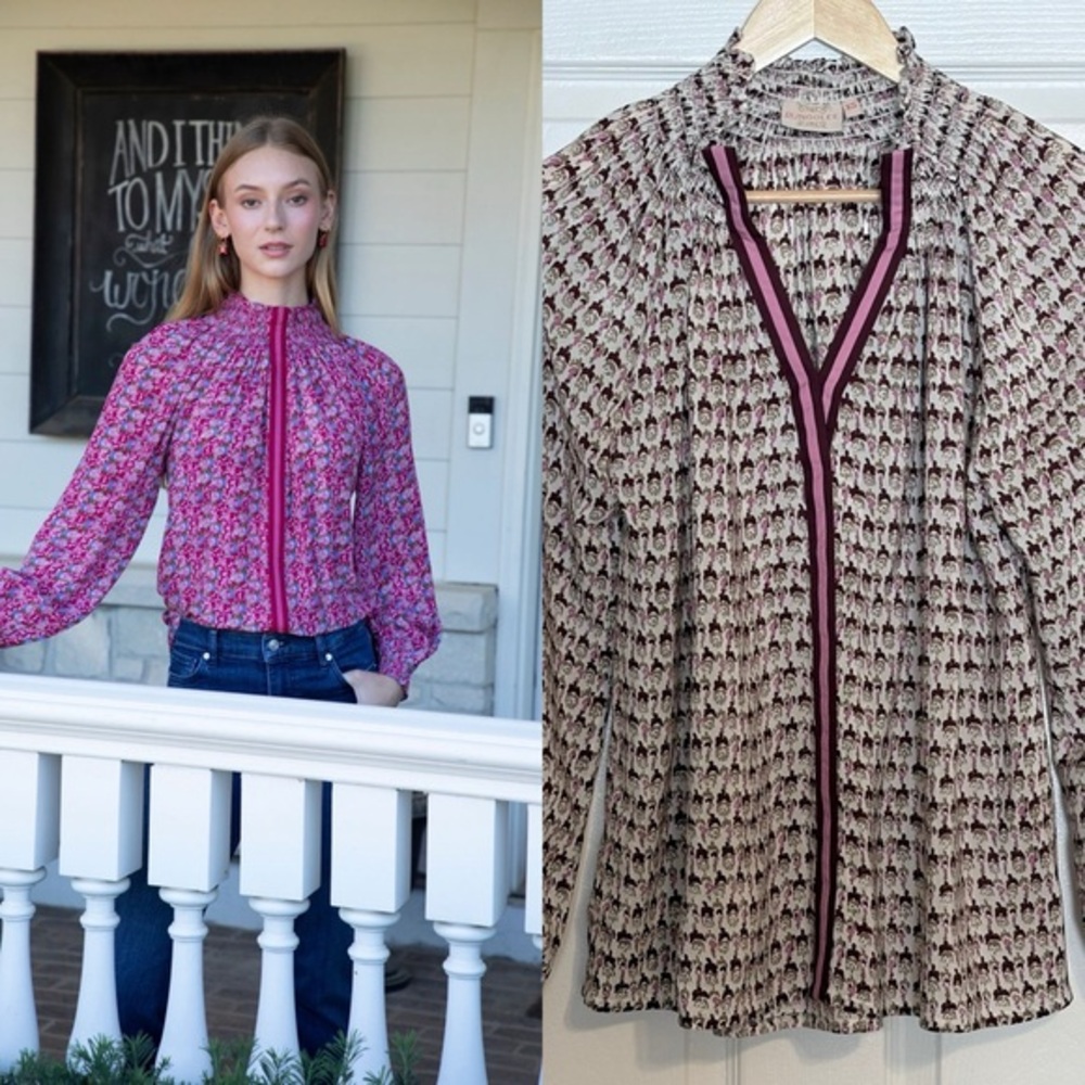 Tuckernuck Rungolee Floral Burgundy White Brooklyn Full Sleeve Silk Blouse XS